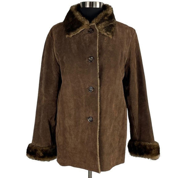NEW YORK & CO PENNY LANE STYLE BROWN SUEDE LEATHER BUTTON DOWN FAUX FUR JACKET - Picture 4 of 14